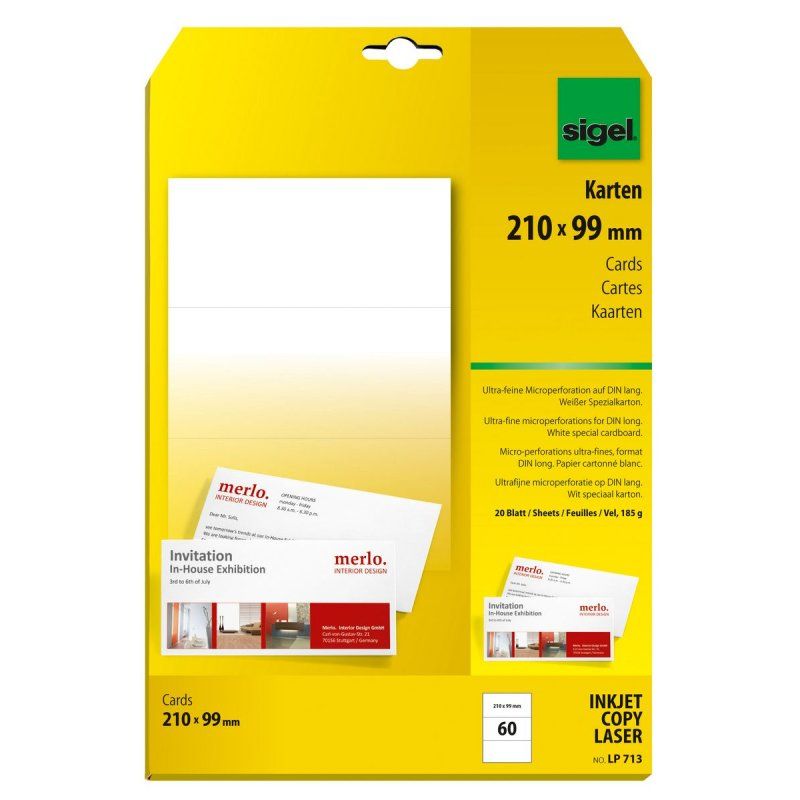 sigel cartes de correspondance PC, format DL, 185g/m2, blanc