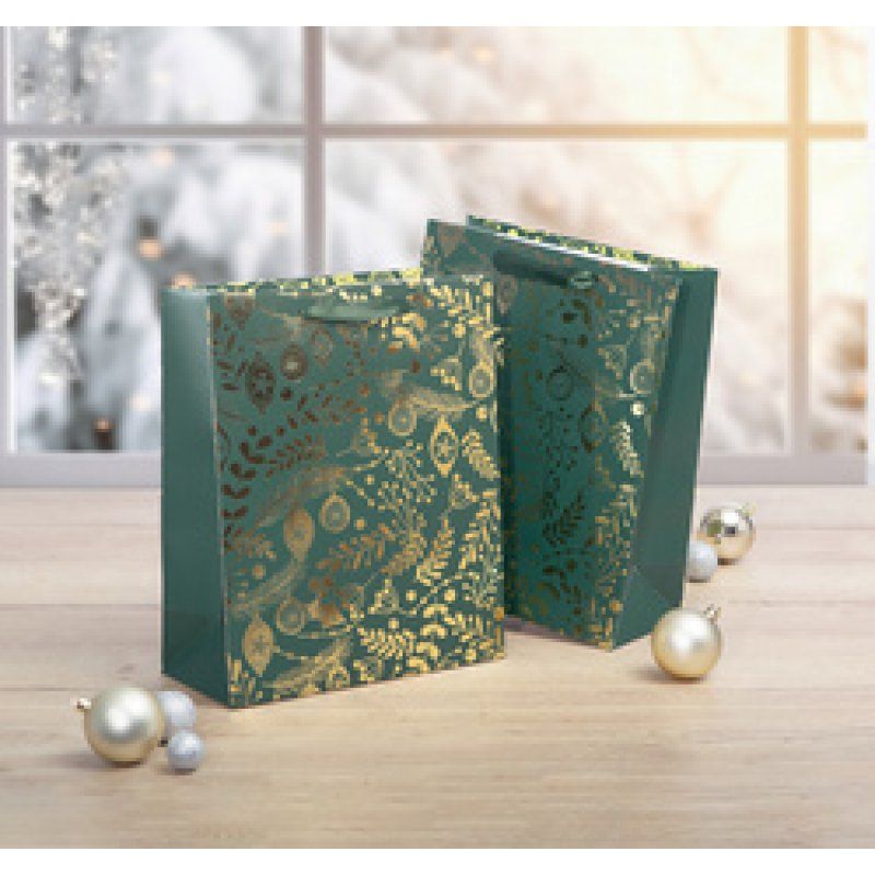 sigel Sac cadeau de Noël "Golden ornaments on green", grand