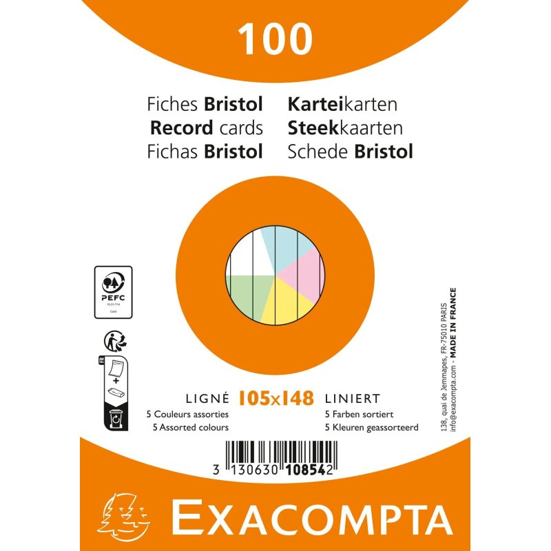 Exacompta 10854E index card Blue, Green, Pink, White, Yellow 100 pc(s)