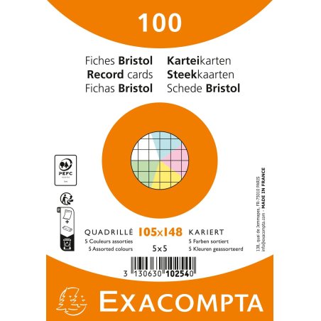 EXACOMPTA Fiches bristol, A6, quadrillé, assorti