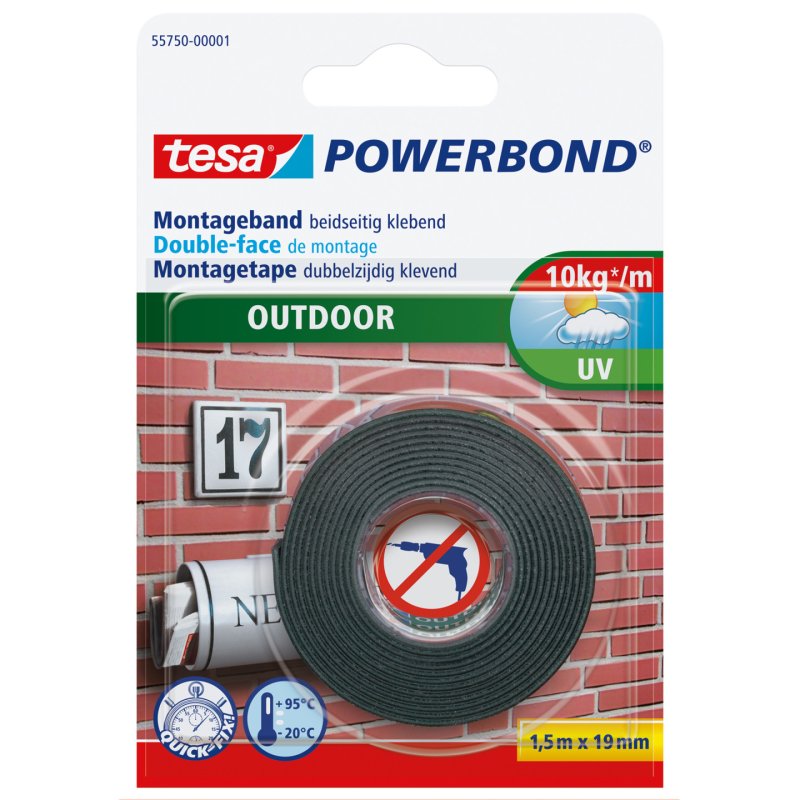 tesa Adhésif de montage Powerbond OUTDOOR, 19 mm x 1,5 m