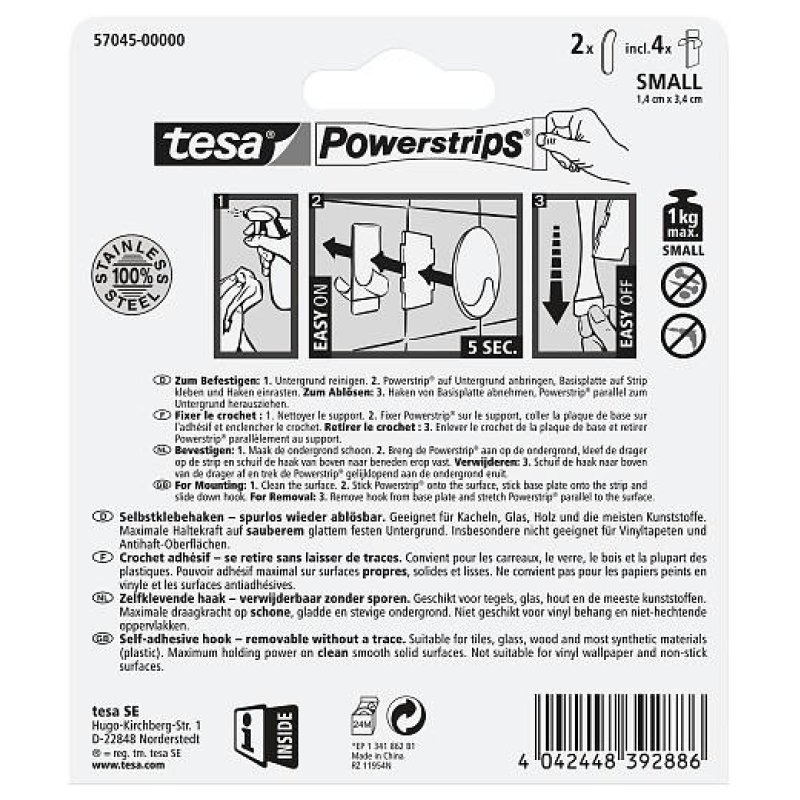 TESA 57045-00000 crochet pour rangement à usage domestique Intérieure Crochet pour serviette Métallique 2 pièce(s)