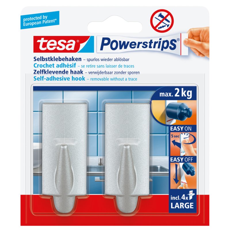 tesa Powerstrips Crochet adhésif LARGE, tendance, chromé