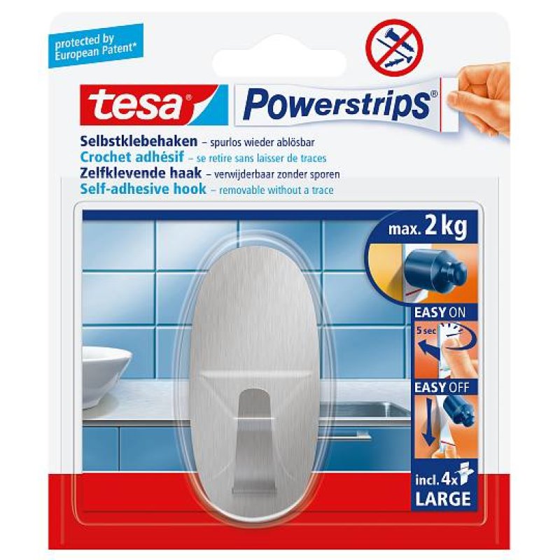 tesa Powerstrips Crochet adhésif LARGE, métal, oval