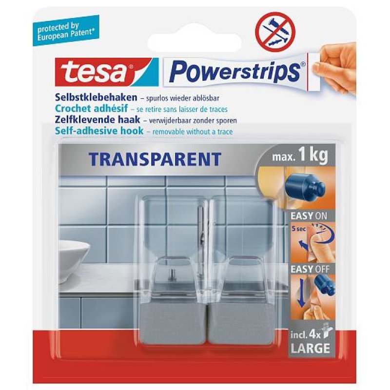 tesa Powerstrips Crochet adhésif LARGE, transparent / chrome
