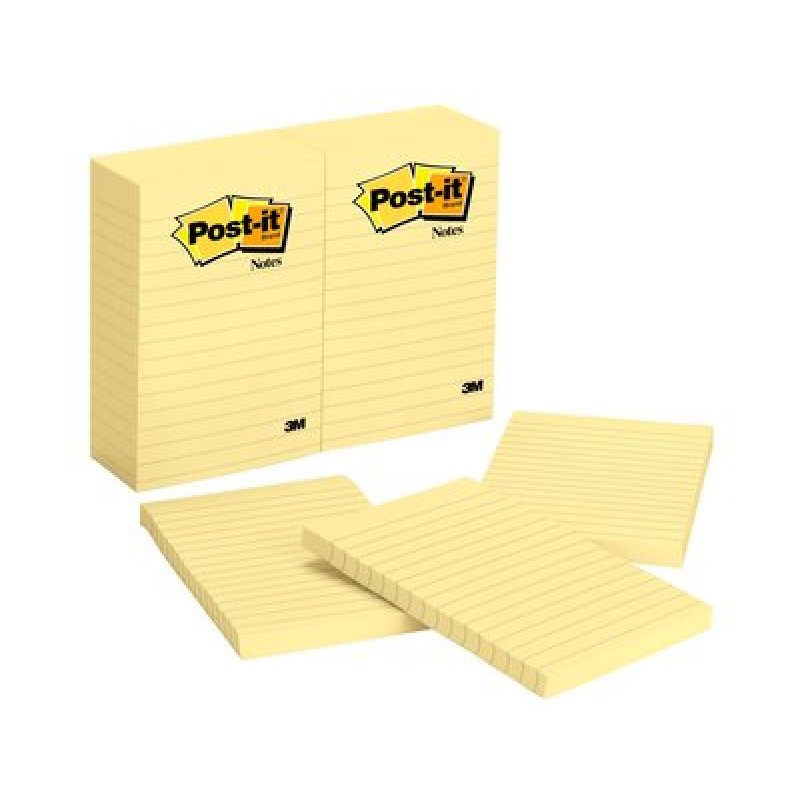 Post-It Notes, 4 in x 6 in, Canary Yellow, Lined, 12 Pads/Pack