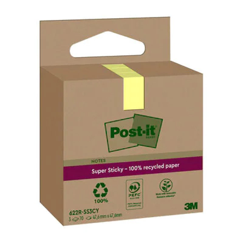 Post-it Super Sticky Recycling Notes, 47,6 x 47,6 mm, jaune