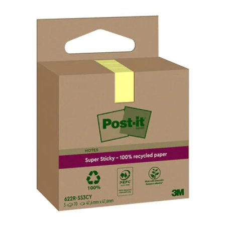 Post-it Super Sticky Recycling Notes, 47,6 x 47,6 mm, jaune