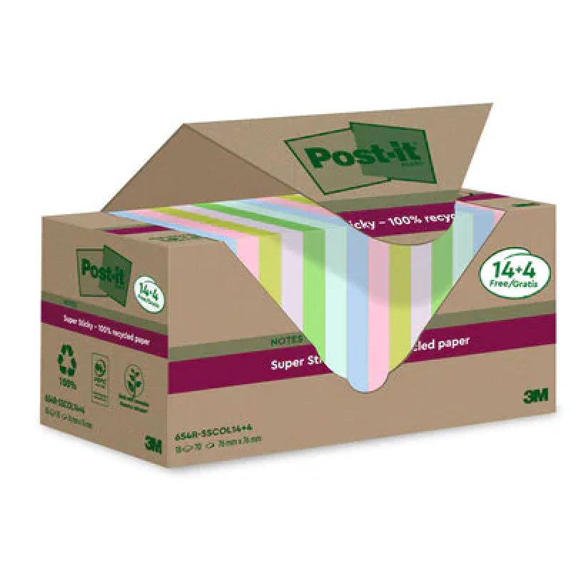 Post-it Super Sticky Recycling Notes, 76 x 76 mm, coloré