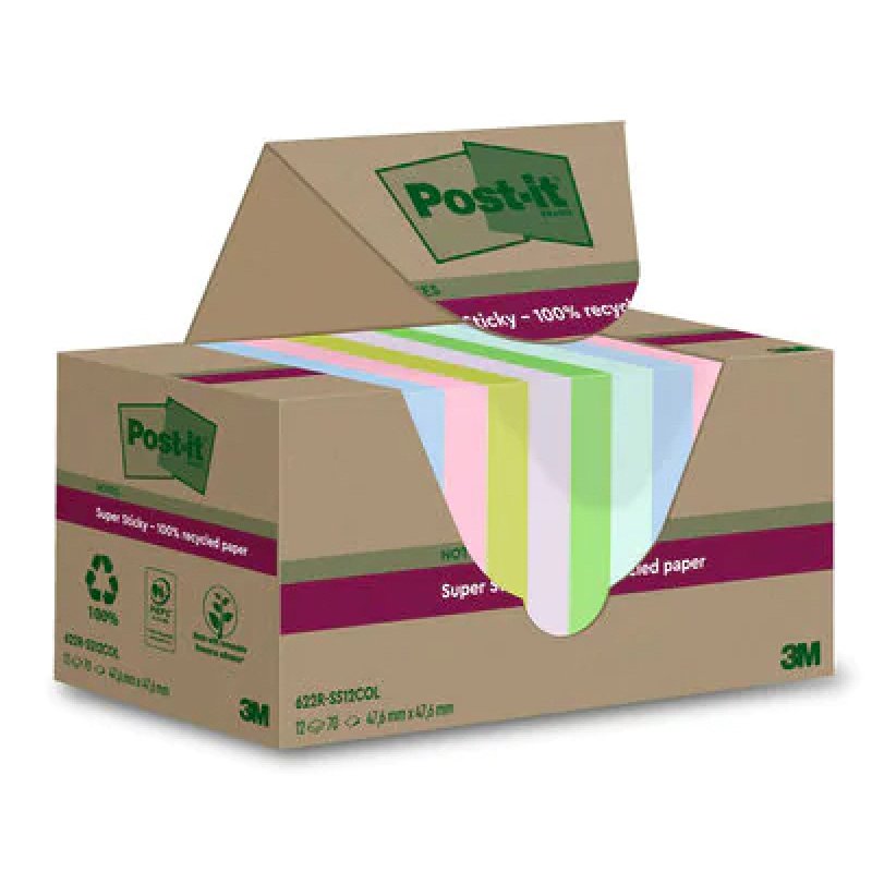 Post-it Super Sticky Recycling Notes, 47,6 x 47,6 mm, coloré