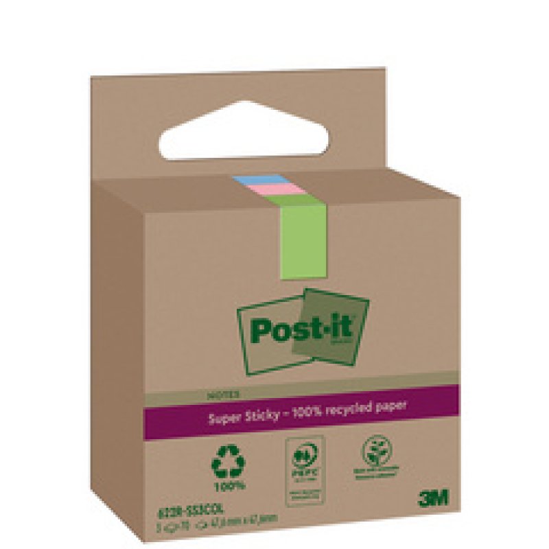 Post-it Super Sticky Recycling Notes, 76 x 76 mm, coloré