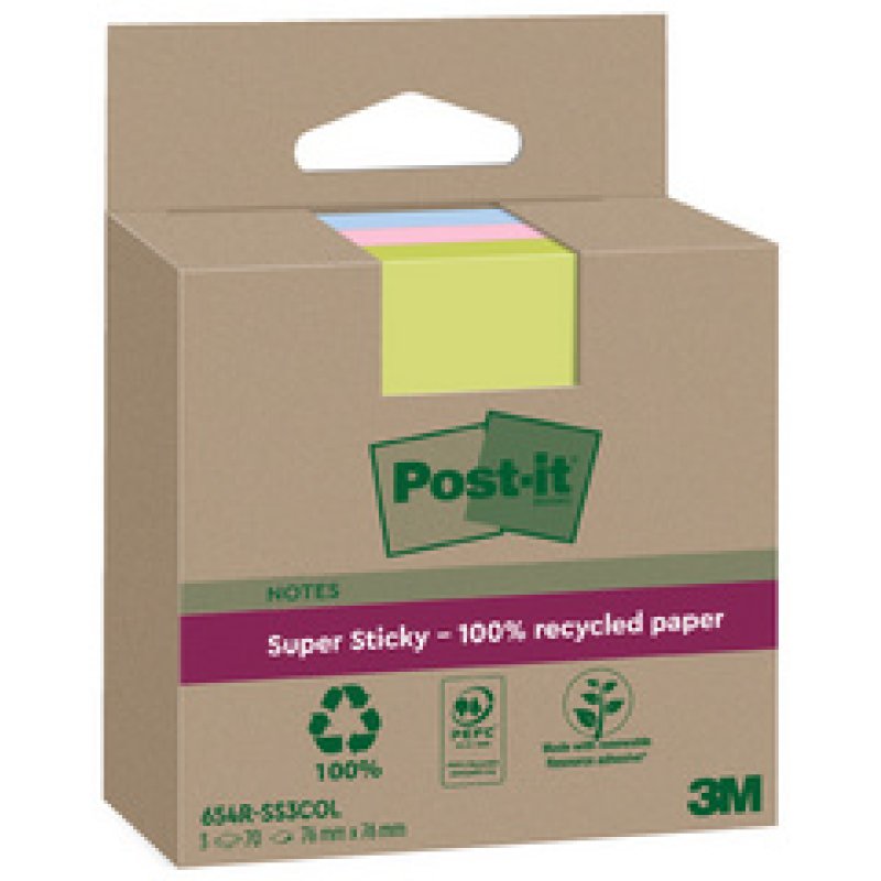 Post-it Super Sticky Recycling Notes, 76 x 76 mm, coloré