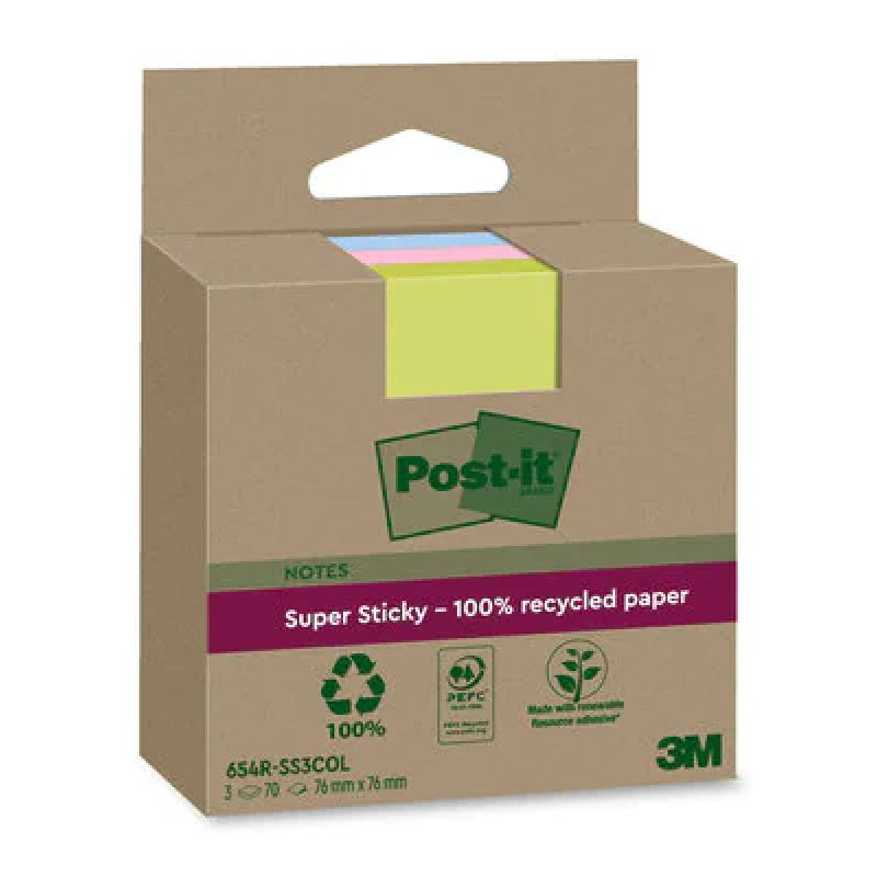 Post-it Super Sticky Recycling Notes, 76 x 76 mm, coloré