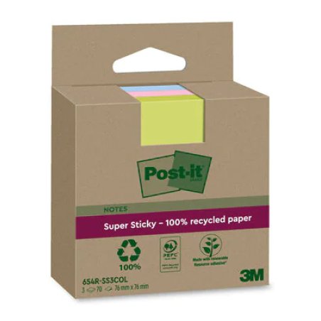 Post-it Super Sticky Recycling Notes, 76 x 76 mm, coloré