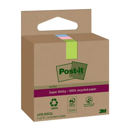 Post-it Super Sticky Recycling Notes, 47,6 x 47,6 mm, coloré