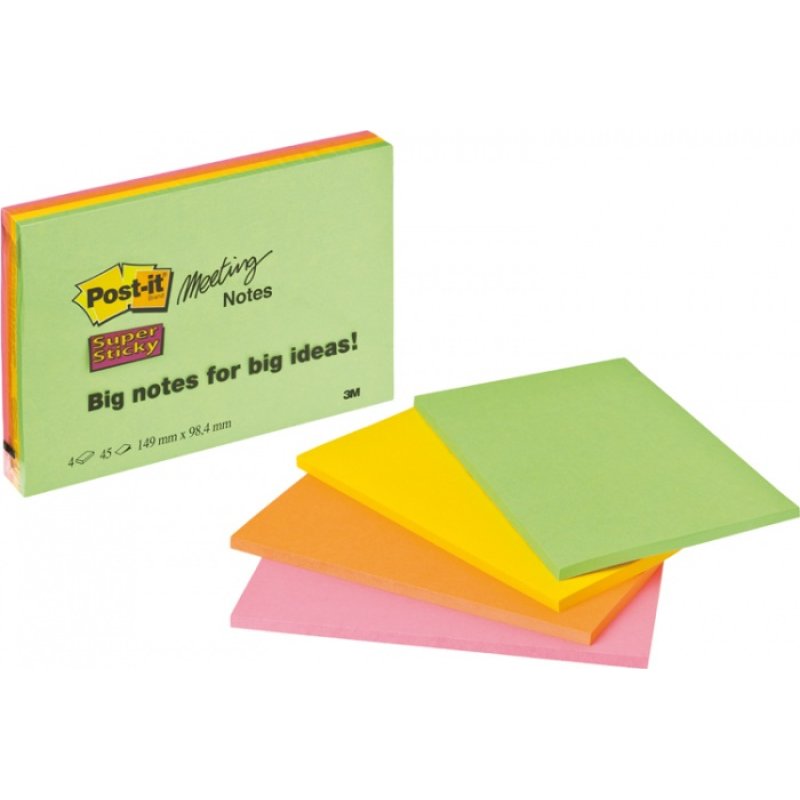 Post-It 6445 Rectangle Vert, Orange, Rose, Jaune 45 feuilles Auto-adhésif