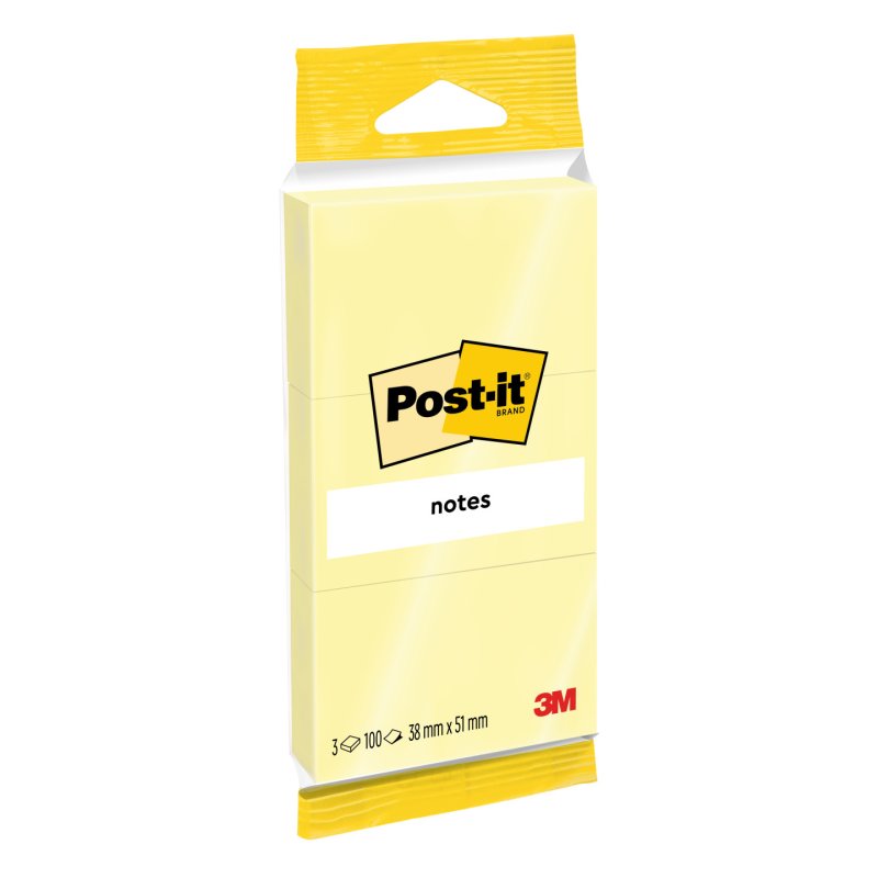 Post-it notes adhésives, 38 x 51 mm, jaune, blister
