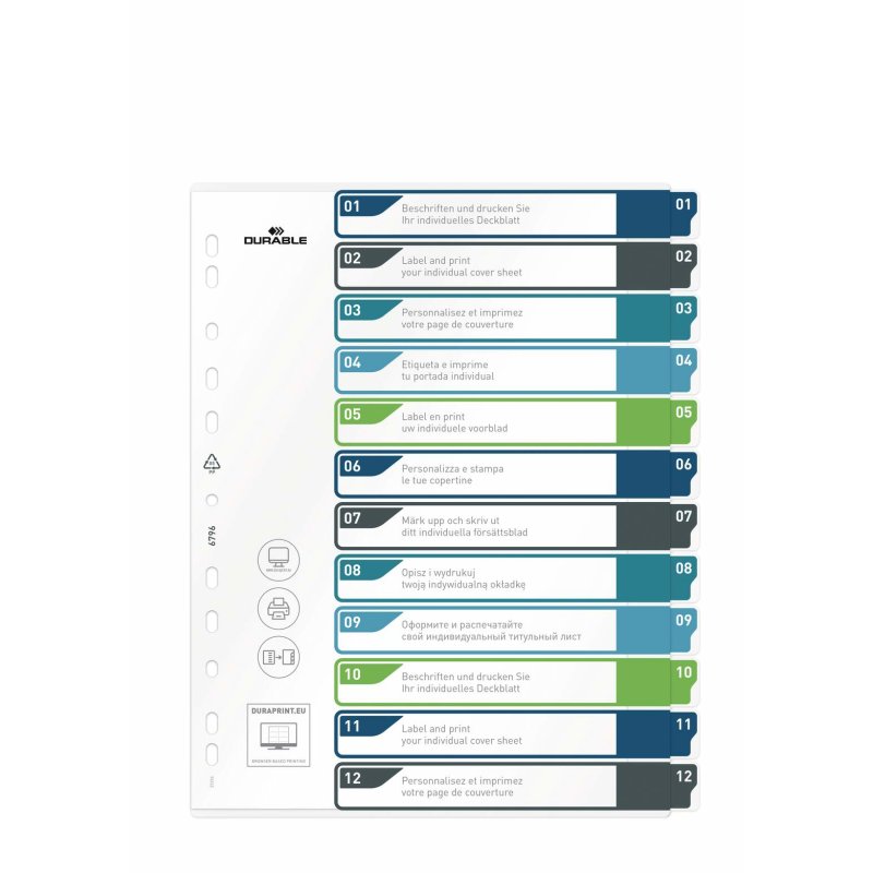 Durable 679627 intercalaire de classement Onglet avec index vierge Polypropylène (PP) Multicolore