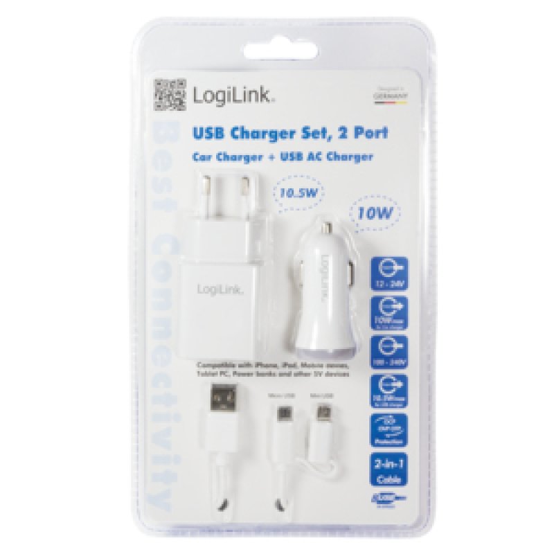 LogiLink Kit de chargeur USB, 2 pièces, chaucun 2x ports USB