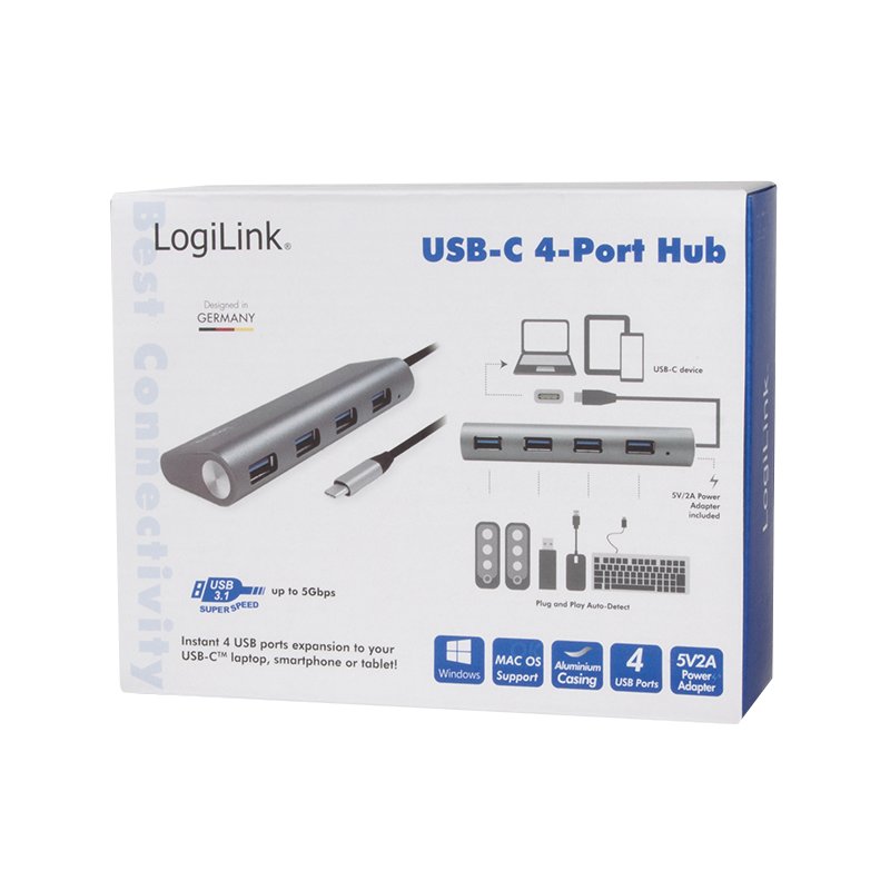 LogiLink Hub USB 3.0 avec fiche USB-C Gen1, 4 ports, gris