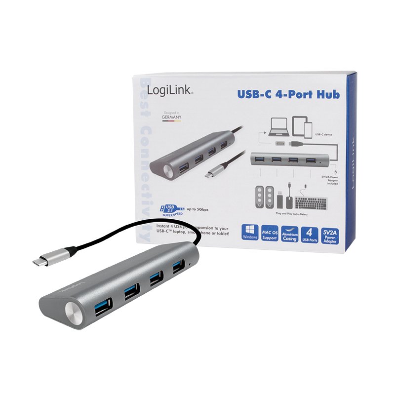LogiLink Hub USB 3.0 avec fiche USB-C Gen1, 4 ports, gris