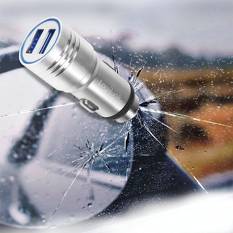 LogiLink USB car charger with integrated emergency hammer, 10.5W