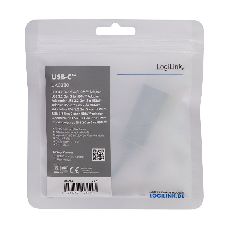 LogiLink UA0380 câble vidéo et adaptateur 0,15 m USB Type-C HDMI Noir