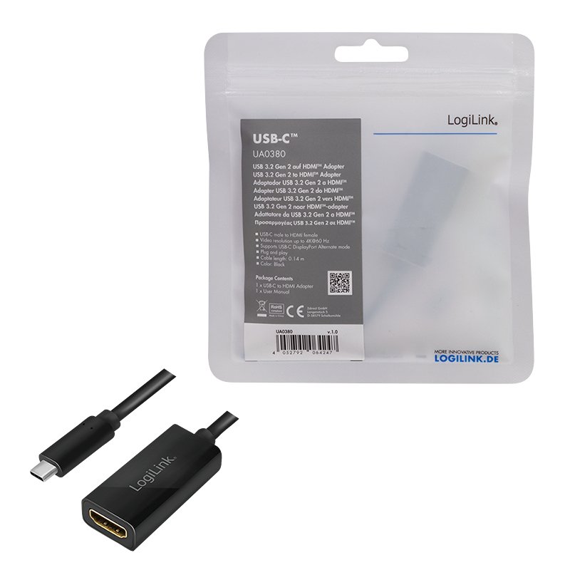 LogiLink UA0380 câble vidéo et adaptateur 0,15 m USB Type-C HDMI Noir