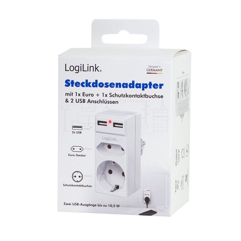 LogiLink Adapterstecker mit 2x USB-Ports, Eurosteckdose &