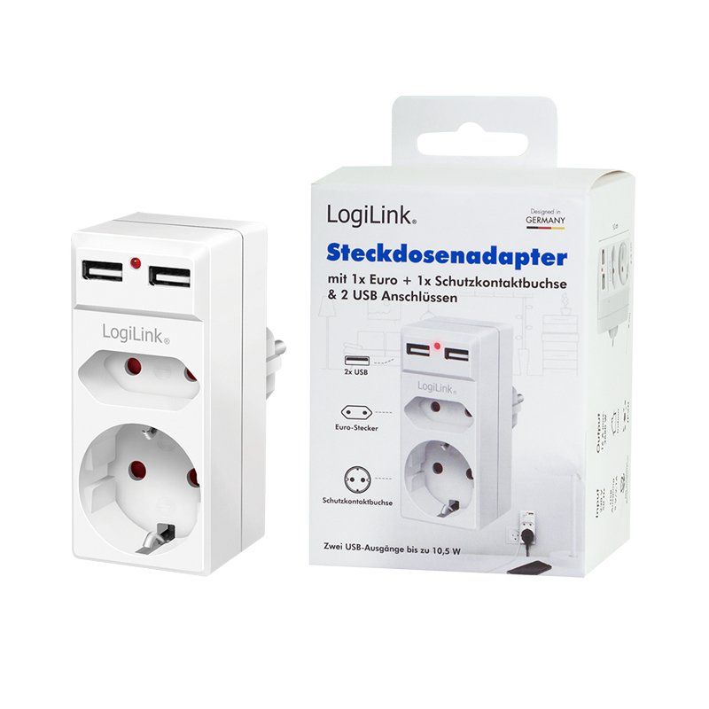 LogiLink Adapterstecker mit 2x USB-Ports, Eurosteckdose &