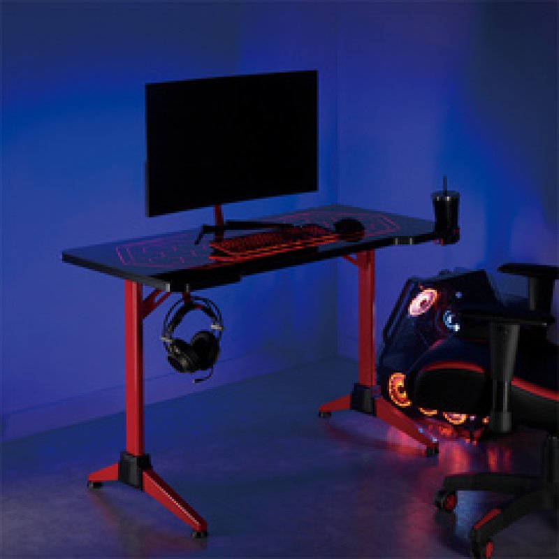 LogiLink Gaming Desk, 120x60 cm, glass surface w/RGB lighting, red desk frame