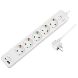 LogiLink Outlet Strip, 5 safety sockets, w/ 1x USB-A, 1x USB-C Port, white