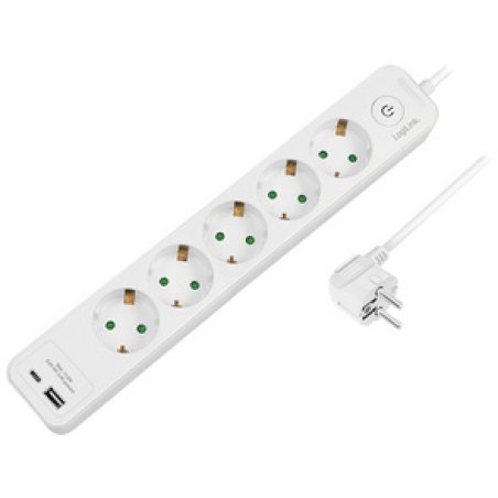 LogiLink Outlet Strip, 5 safety sockets, w/ 1x USB-A, 1x USB-C Port, white