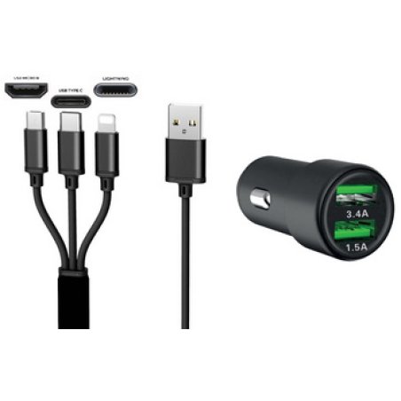 IWH Chargeur USB pour voiture "3EN1", 12/24 V, noir