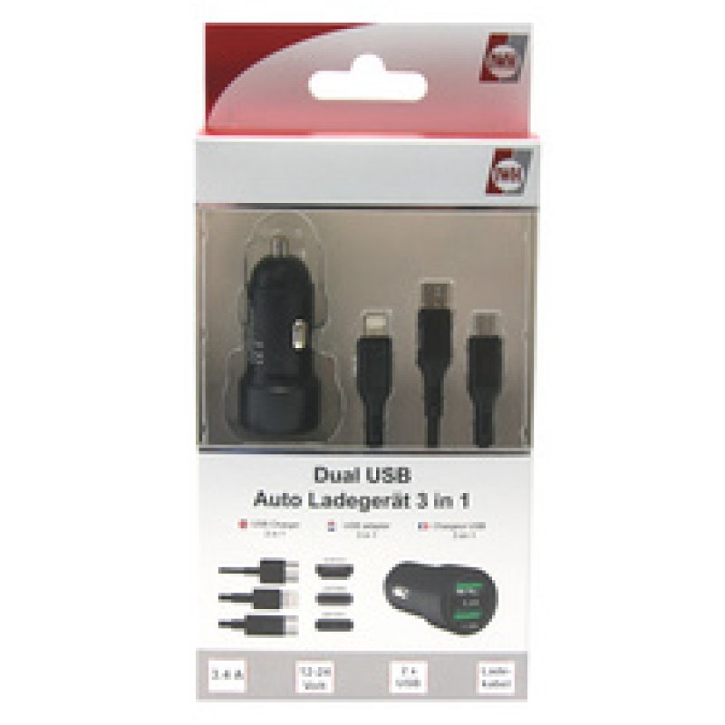 IWH Chargeur USB pour voiture "3EN1", 12/24 V, noir