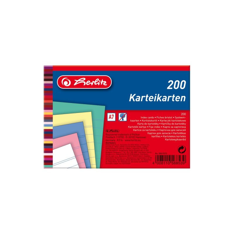 herlitz Fiches bristol, A7, ligné, assorti