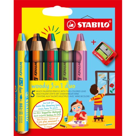 STABILO Crayon multi-talents woody 3 en 1 duo, étui de 5