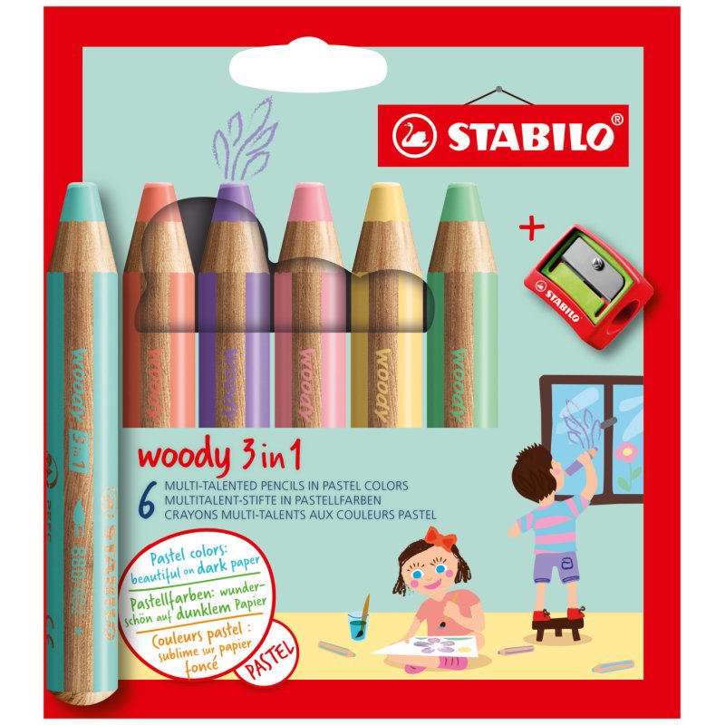 STABILO Crayon multi-talents woody 3 en 1, étui de 6 Pastel