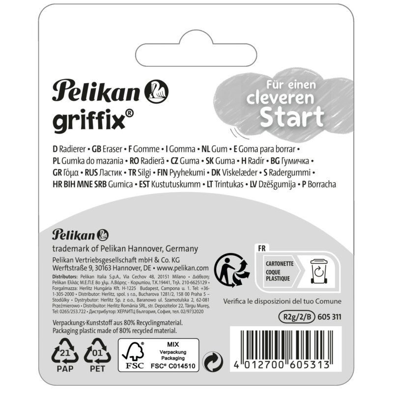 Pelikan griffix gomme à effacer Élastomère thermoplastique (TPE) Couleurs assorties, Blanc 2 pièce(s)