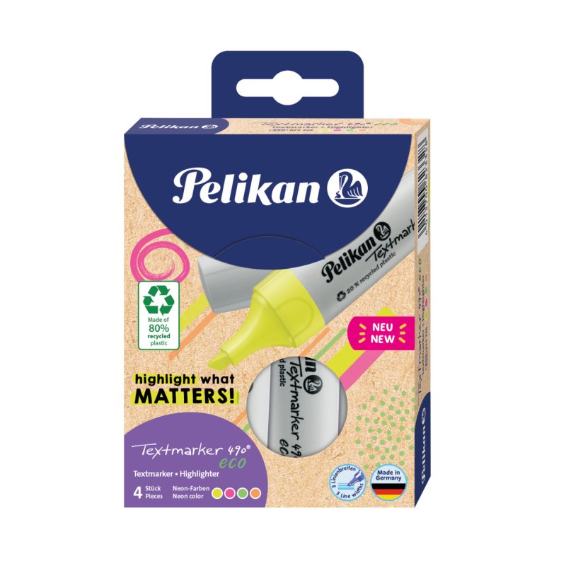 Pelikan Textmarker 490 eco marqueur 4 pièce(s) Pointe biseautée Vert, Orange, Rose, Jaune