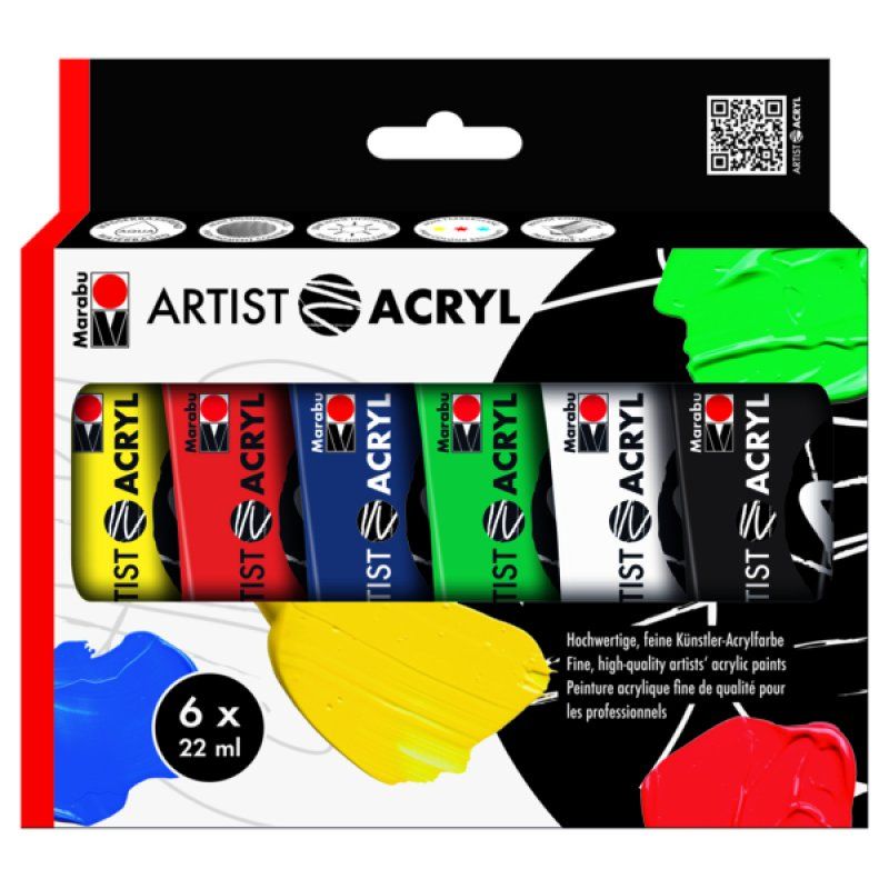 Marabu 1220000000091 peinture acrylique 22 ml Noir, Bleu, Vert, Vermillon, Blanc, Jaune Tube