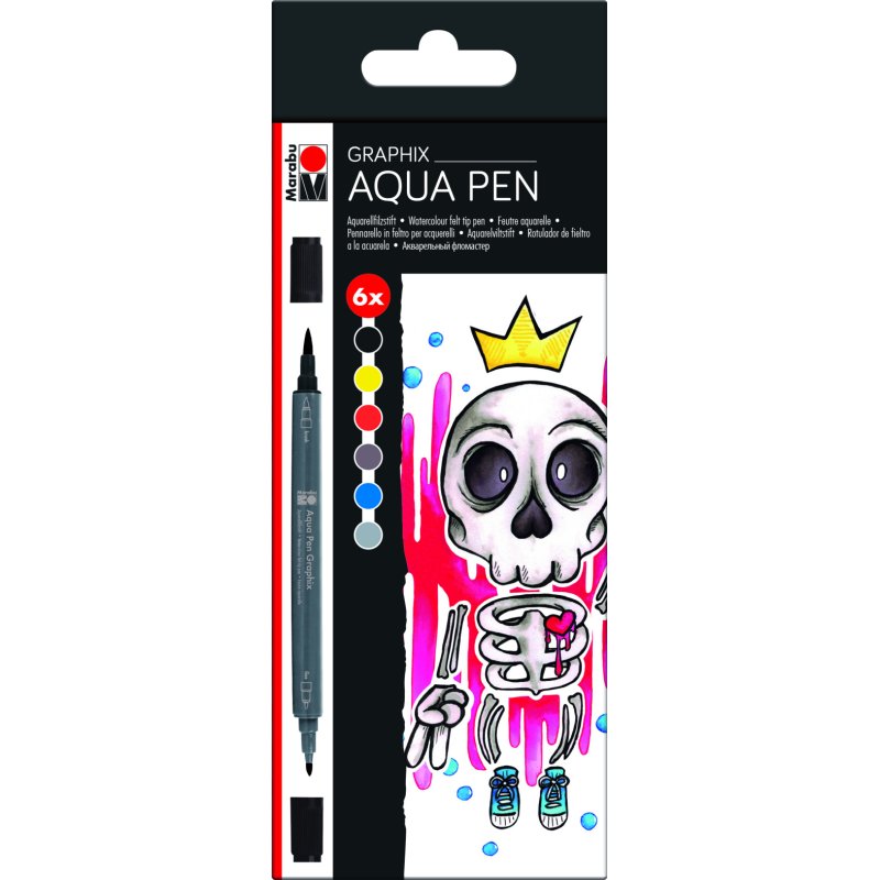 Marabu Aqua Pen Graphix stylo-feutre Noir, Bleu, Gris, Jaune 6 pièce(s)