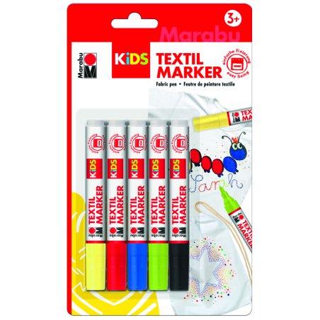 Marabu KIDS Marqueur pour textile, 5 x 3 ml, blister de 5
