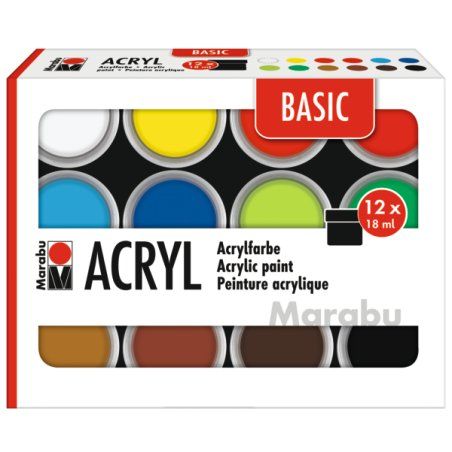 Marabu Basic peinture acrylique 18 ml Noir, Bleu, Cyan, Vert, Ocre, Rouge, Vermillon, Blanc, Jaune Pot