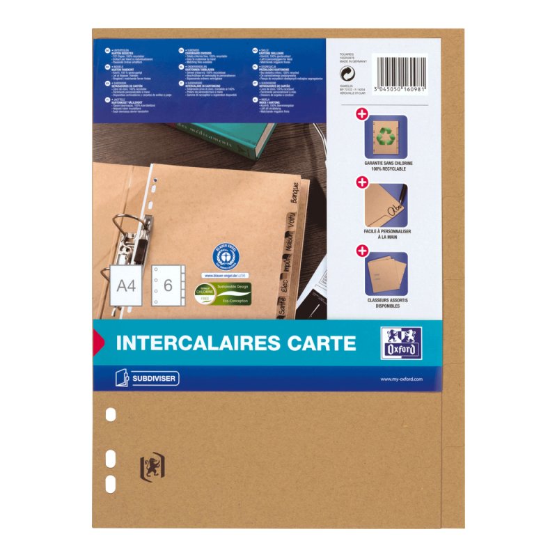 Oxford Intercalaires en carton Touareg, uni, A4, 6 touches
