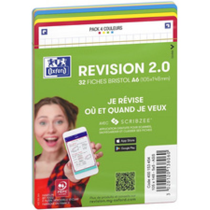 Oxford Fiches bristol REVISION 2.0, A6, bord de couleur