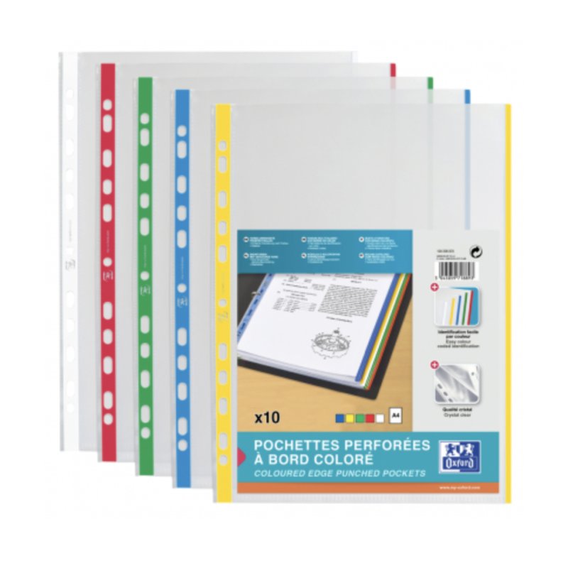 Oxford Pochettes perforées A4 avec bande colorée, PP, 0,09 m