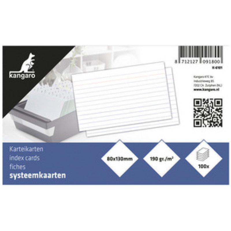 kangaro Fiches bristol, 130 x 80 mm, ligné, blanc