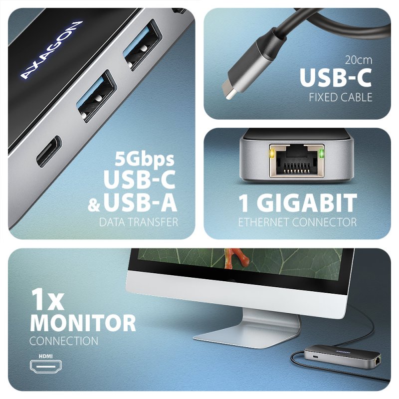 Station d'accueil portable USB-C 3.2 Axagon 6en1 (Gris)