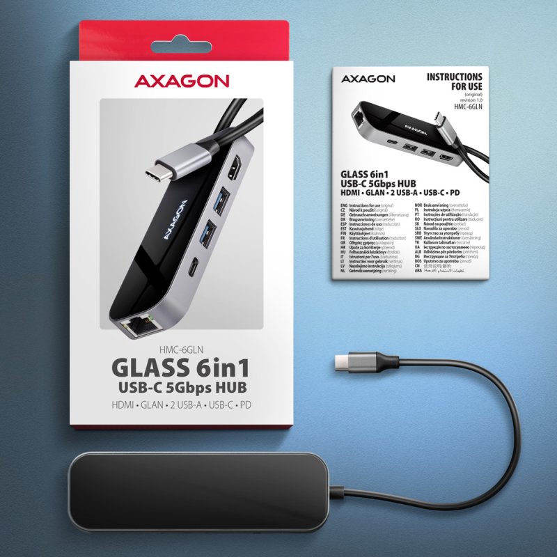 Axagon HMC-6GLN USB-C 5Gbps GLASS 6in1 hub